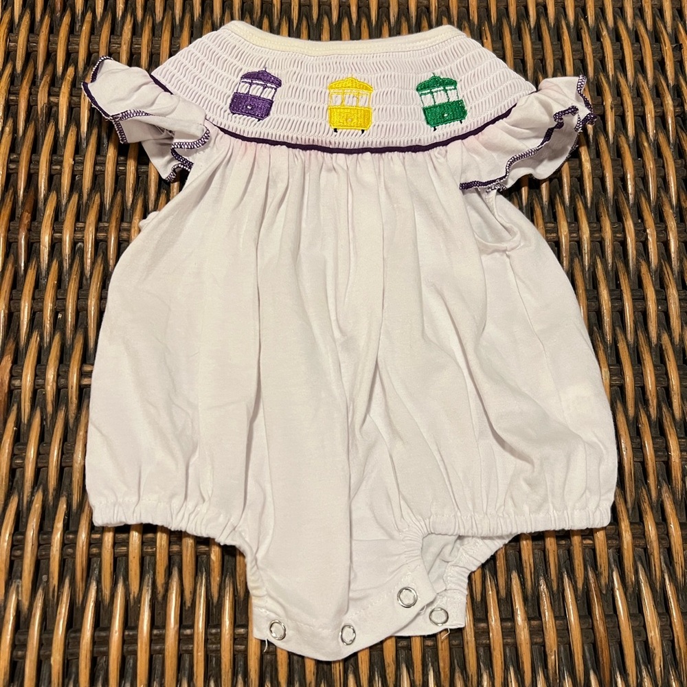 Mardi Gras Streetcar Smocked 0-3 Month Bubble